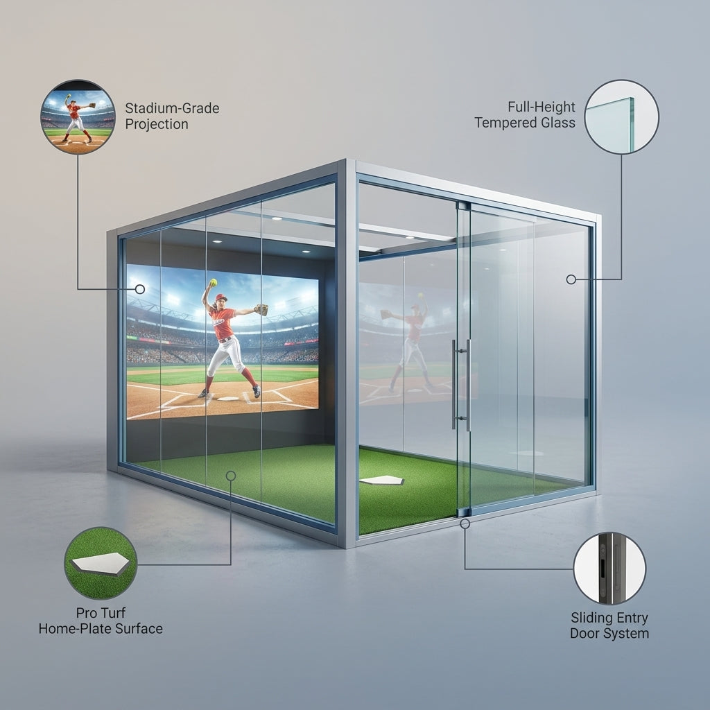 Softball Simulator Designed for Elite Training, Glass Enclosure, Stadium Projection, Pro Turf Surface — infographic