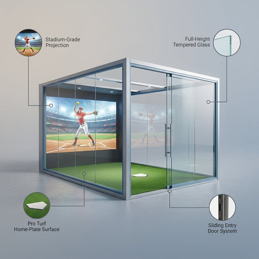 Softball Simulator Designed for Elite Training, Glass Enclosure, Stadium Projection, Pro Turf Surface — infographic